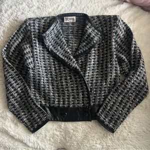 St. John Black and White Tweed cropped wool and leather Blazer